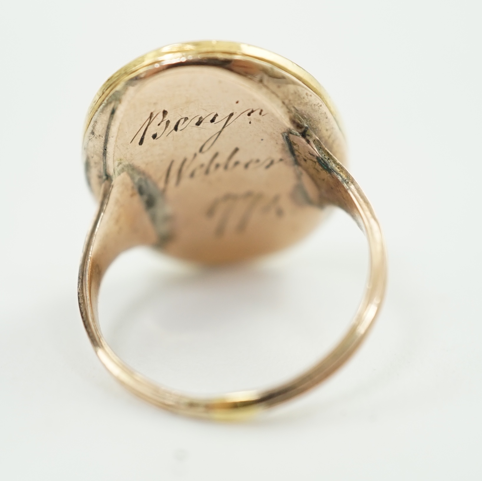 A George III gold memorial ring inset with an ivory miniature of a lady